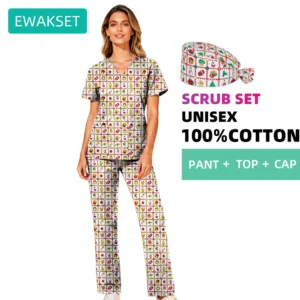 Female and Male Christmas Medical Surgical Sets Pure Cotton Dental Lab Top and Pant Hospital Nursing Short Sleeve Scrub Uniform