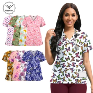 Photo of {title} — V‑neck short sleeve scrub top with pocket, unisex sizes S–XXL