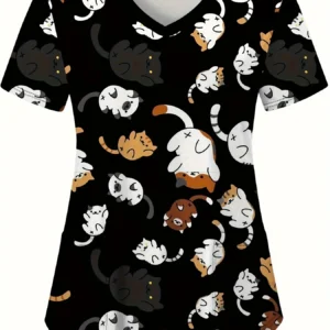 Medical Uniform for Women cute Cat and Dog Print V-Neck Clinical Uniform Short Sleeve Patch Pocket Tops Surgical Uniforms Woman