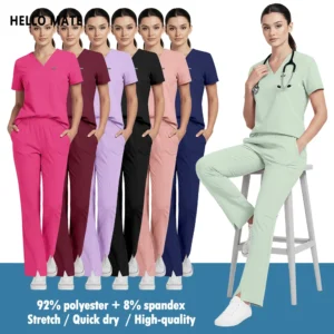 {title} — women's slim-fit soft scrub set shown in {color}