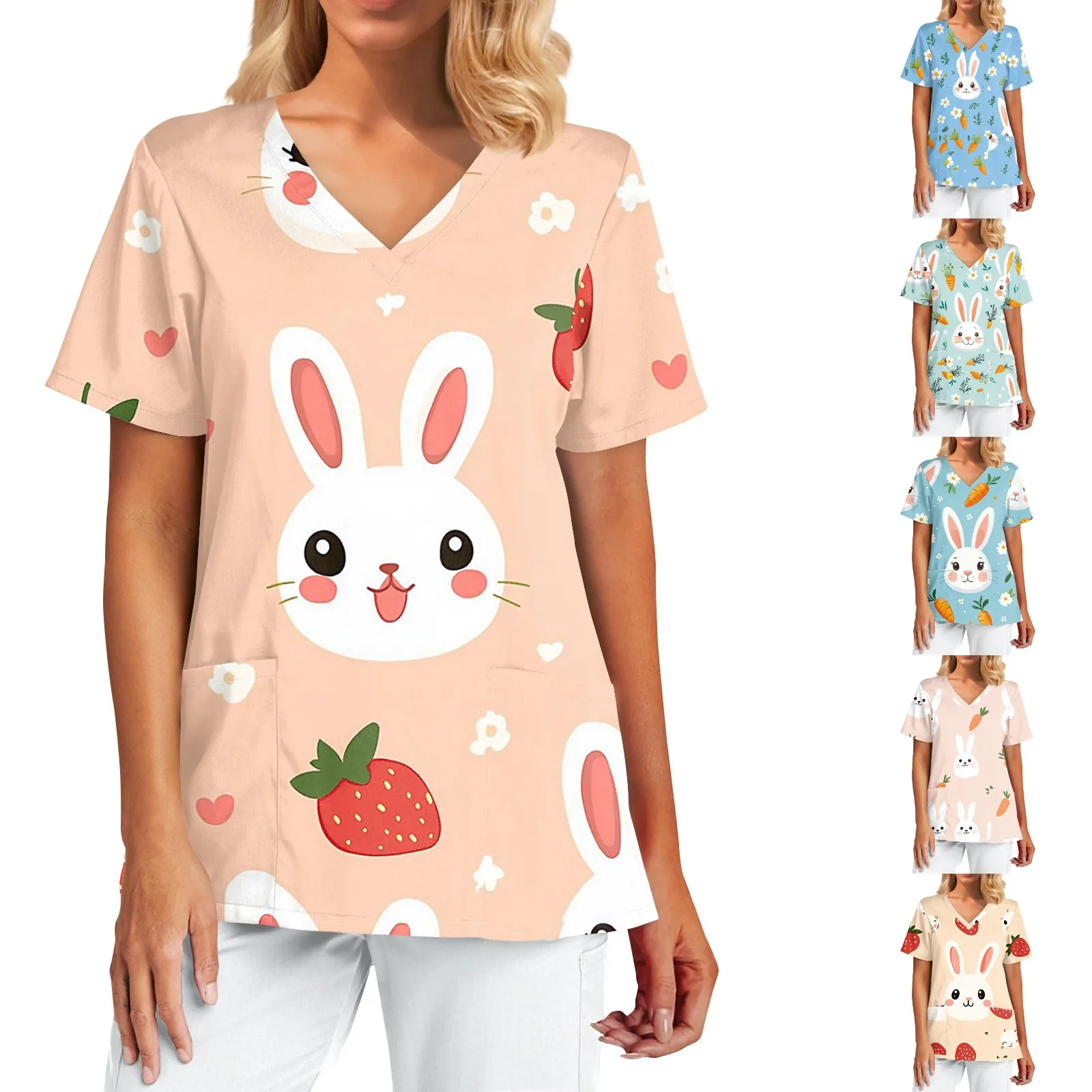 Women's V‑neck short sleeve scrub top with Easter Bunny cartoon print — front view – view 2