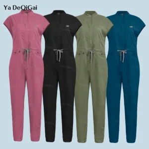 {color} unisex twill scrub — front view with pockets and drawstring