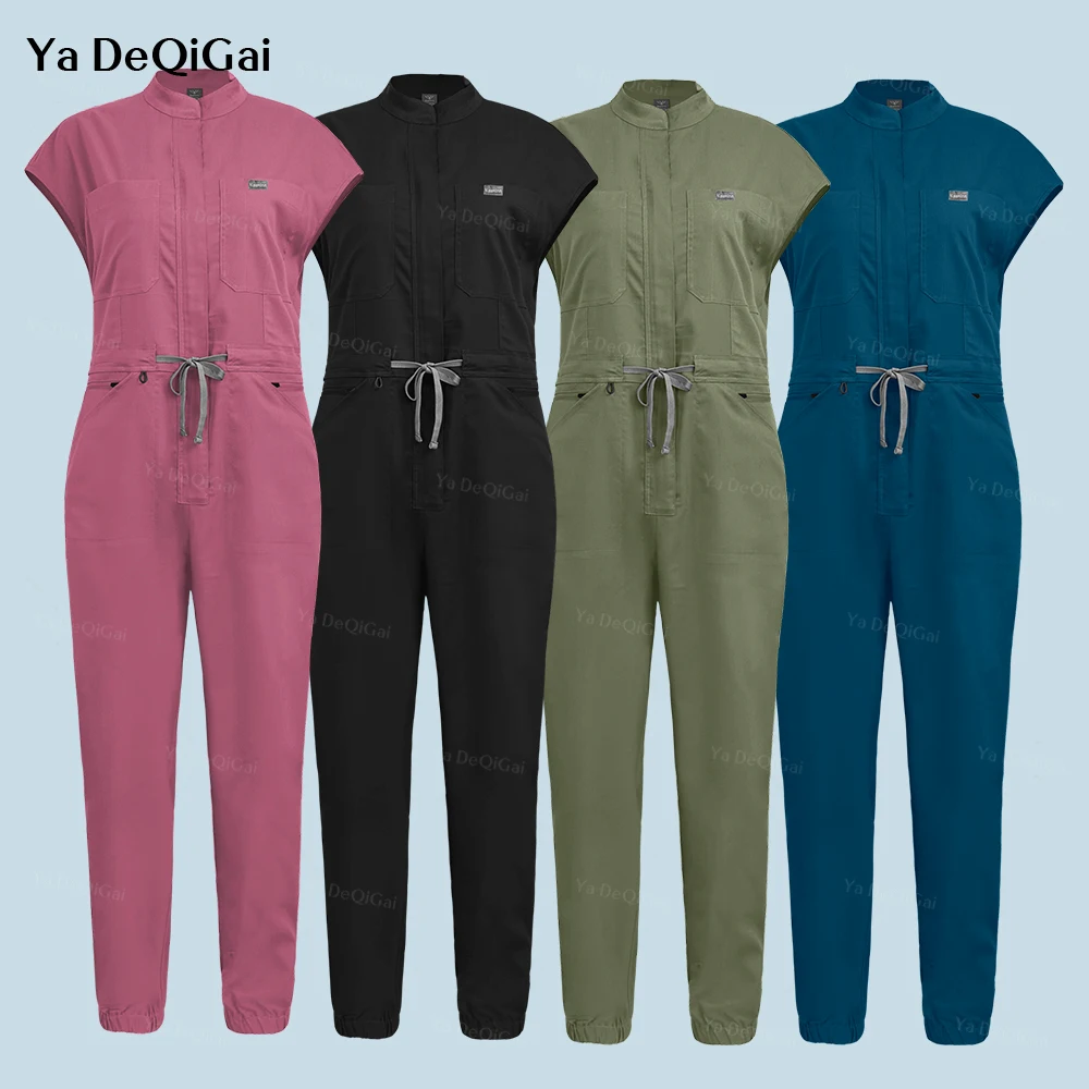 {color} unisex twill scrub — front view with pockets and drawstring