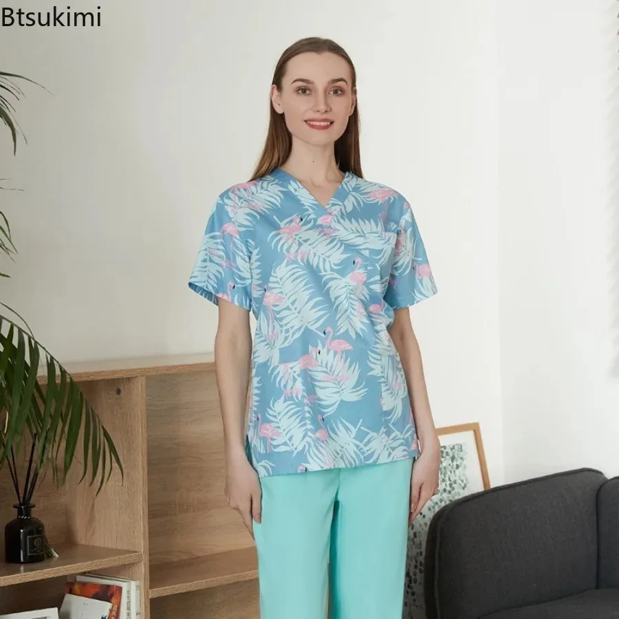 Nurse Uniforms Women Print Short Sleeve V-neck Scrubs Working Medical Blouse Overalls Uniforms Medical Nursing Spa Pet Dentistry