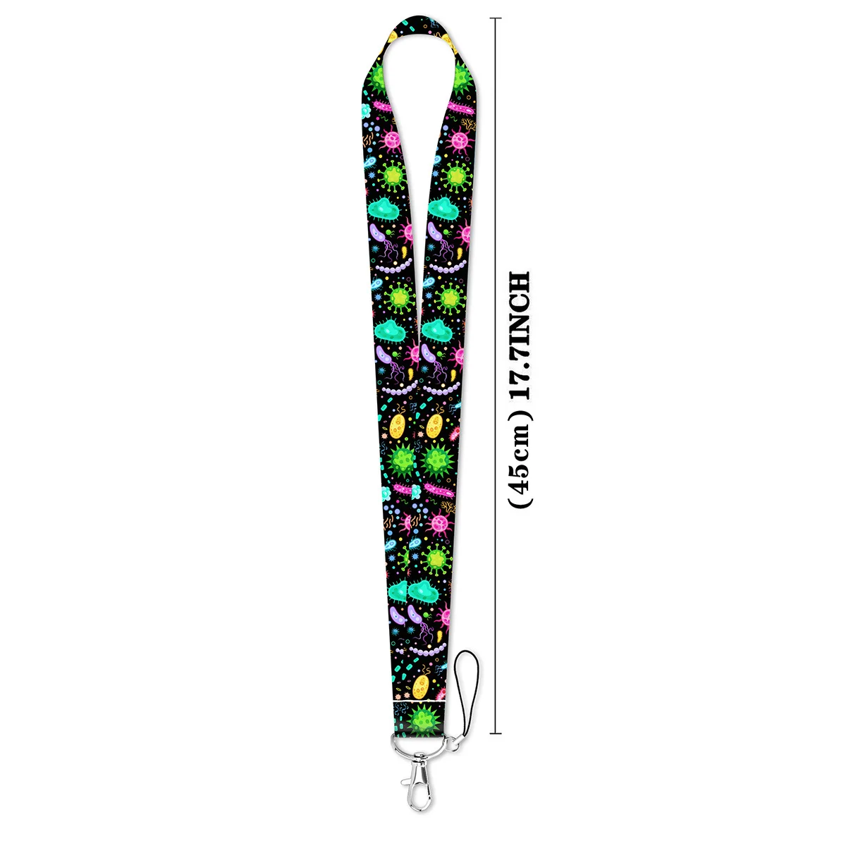 {title} — colorful bacteria and animal print polyester neck lanyard shown with a badge and keyring – view 2