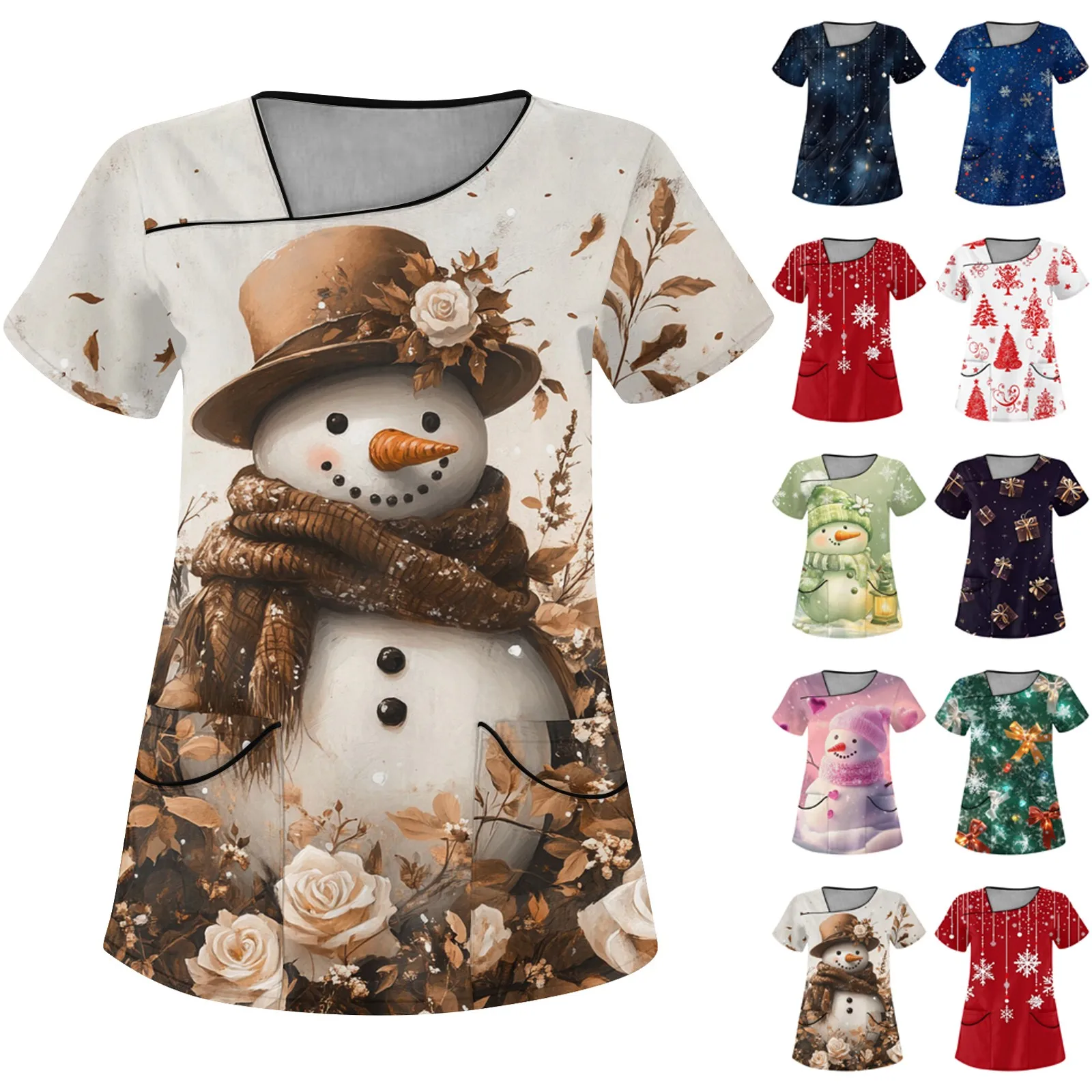Women's elk-print short-sleeve T-shirt and pocket overalls scrub set - {color} - size {size} – view 2