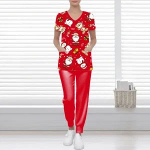 Christmas Women's Medical Uniforms Snowman Cartoon Print Dentist Scrub Suit Summer Short Sleeve with Pockets Surgical Suit Woman