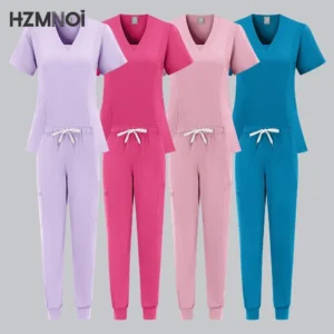 Women's multicolor scrub set — short-sleeve V-neck top and matching pants, size {size}