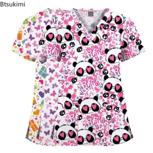 Cartoon print scrub T‑shirt top — front view; unisex scrub top for nurses and doctors