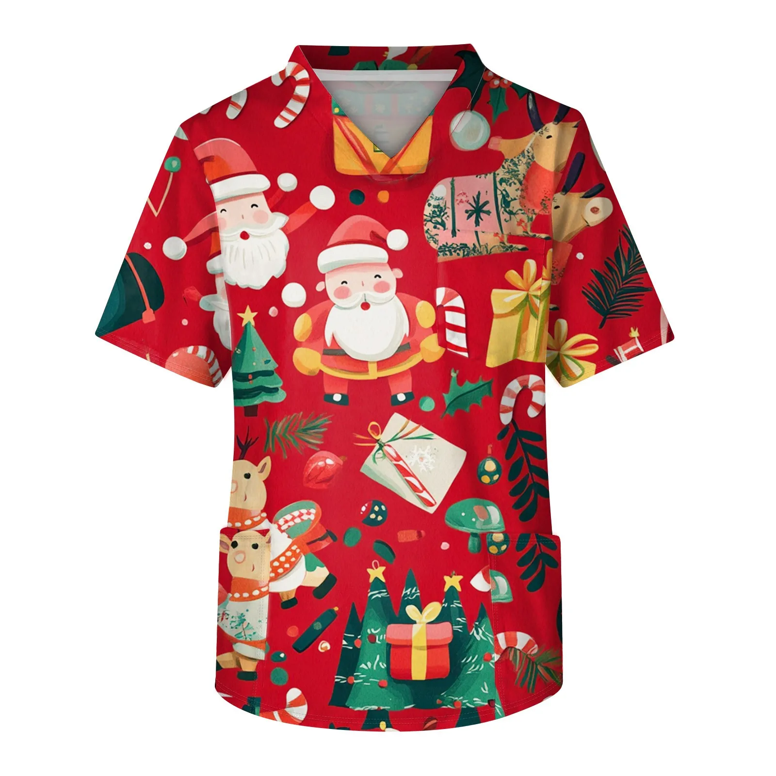 Unisex Medical Nurse Uniform Christmas Print Scrubs Tops Women Men Santa Claus T-Shirt Spa Clinic Hospital Healthcare Spa Blouse