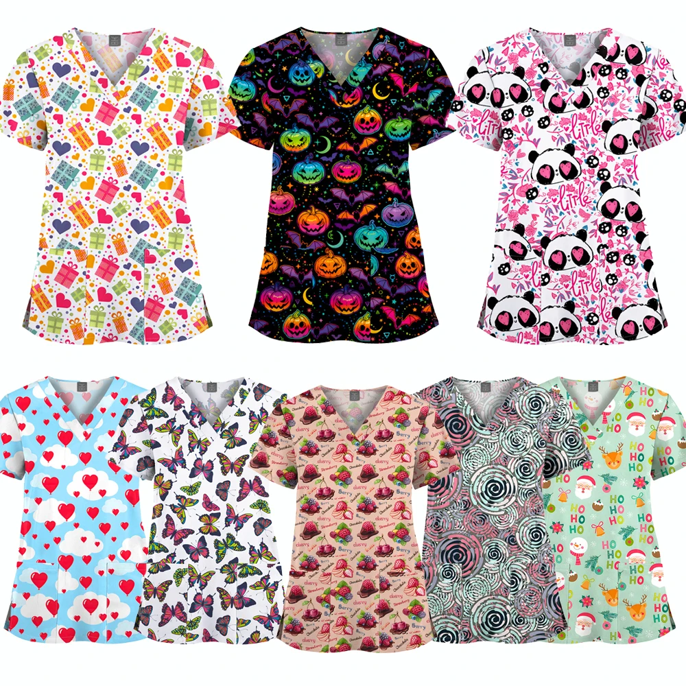 Women's V-Neck Butterfly Print Scrub Top in {print} - front view – view 4