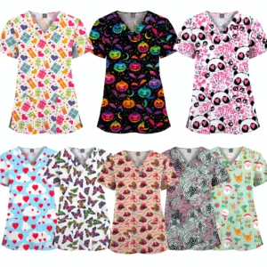Women's V Neck Printed Scrub Tops Doctors and Nurses Uniforms Clinic Hospital and Nursing Christmas Butterfly Prints Costume