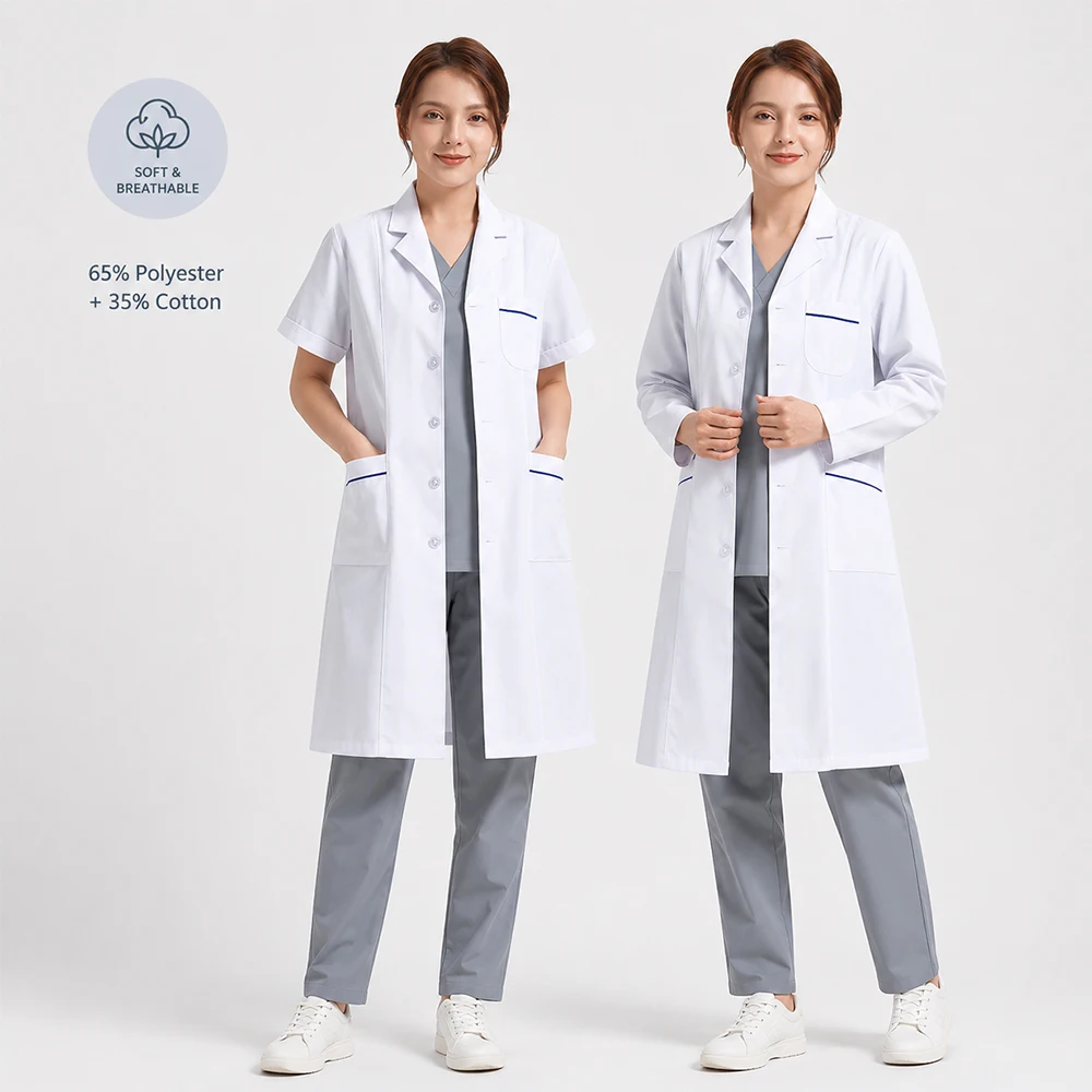 Women's white short-sleeve suit-collar lab coat (model XK002)