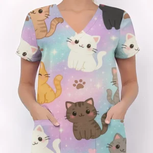 Clinical Uniform Woman Cute Cat Cartoon Printed Fashion Microelastic Short Sleeve Scrubs Woman Casual V-Neck Vet Medical Clothes