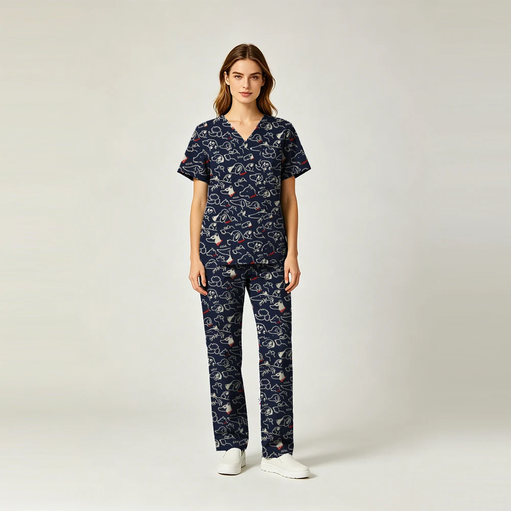 Dogs print pure cotton scrub set on model – view 2