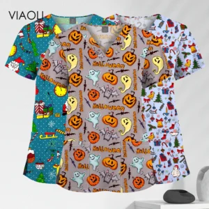 VIAOLI women's 100% cotton V‑neck scrub top in {color}