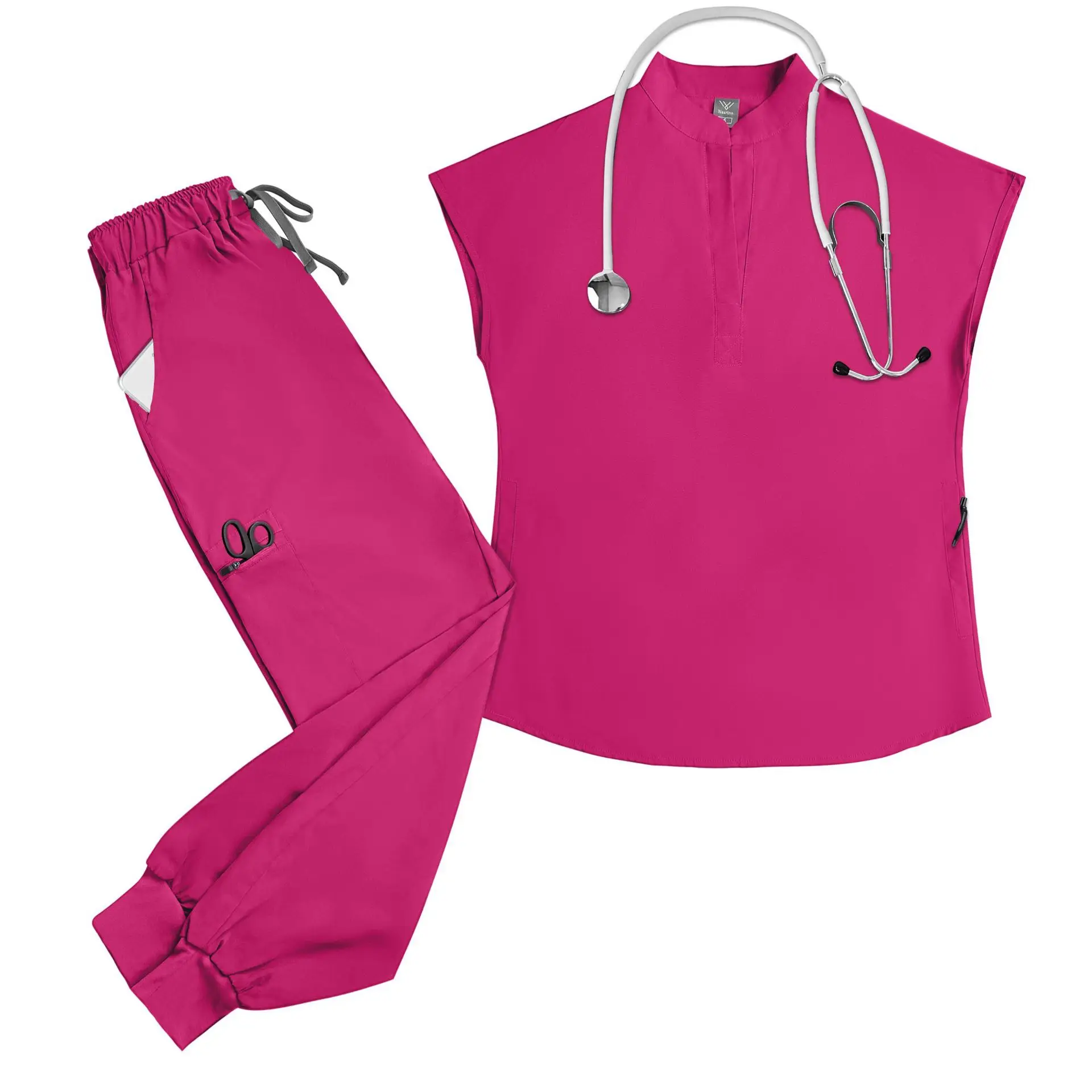 Stand‑collar sleeveless scrub top with half‑zip neckline and multi‑pocket utility design