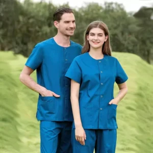 Short-sleeve medical jacket with matching scrub pants — clinical uniform set