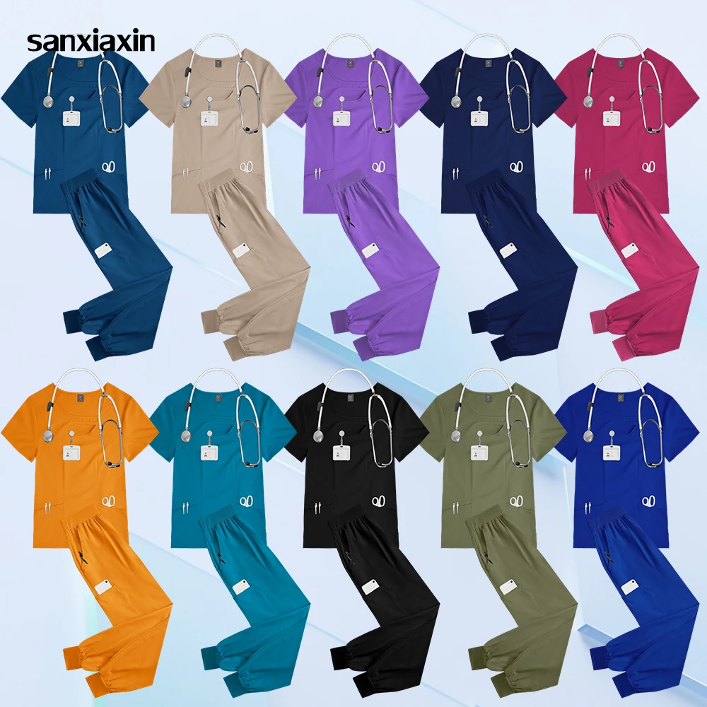 Women's breathable scrub set in {color} — scrub top and jogger pants with pocket detail