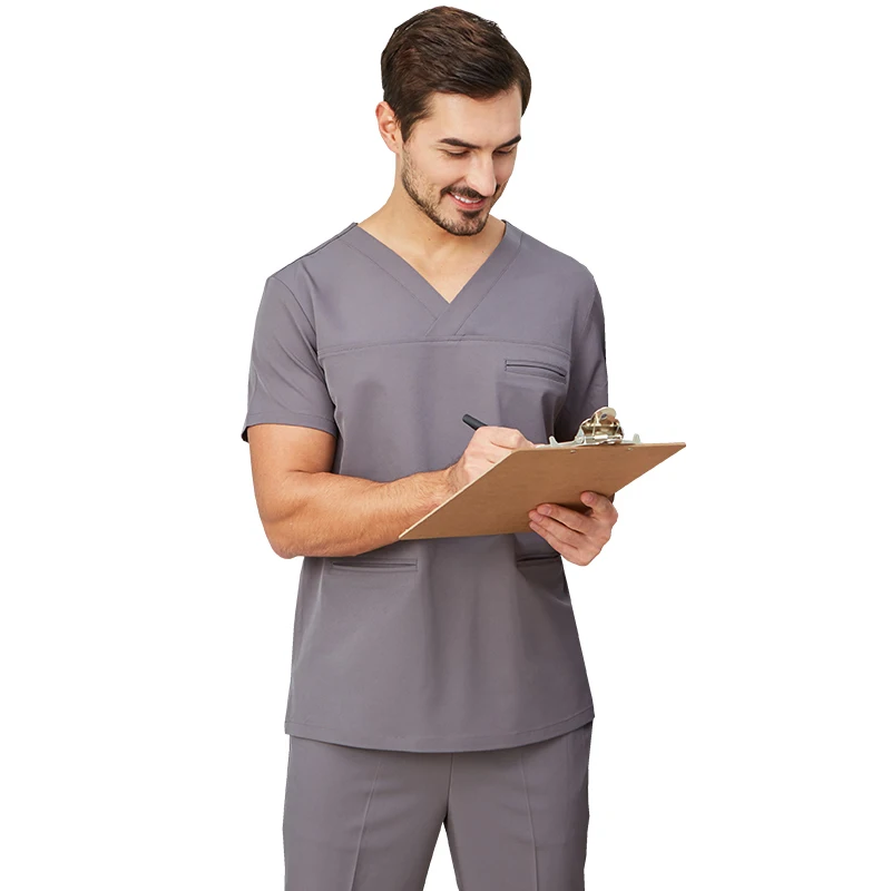 Gray men's 4-way stretch scrub top and pants set, model 9505-02, {color} {size} front view – view 2