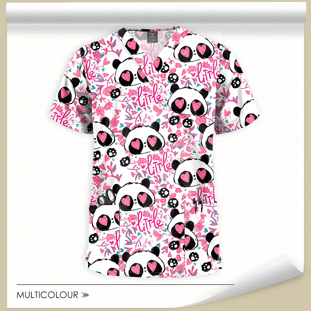 Printed Scrub Top Christmas Cartoon Clothes Shirt Short Sleeve Nursing Tee Medical Uniform Nurse Blouse V-neck Surgical Uniforms