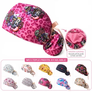 Long Hair Medical Cap for Women Dental Clinic Scrub Nursing Hats Polyester Elastane Breathable Nurse Hats Satin Lining C1337