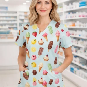 {color} bloom-print V-neck scrub top — short sleeve, shift fit, women's size {size}