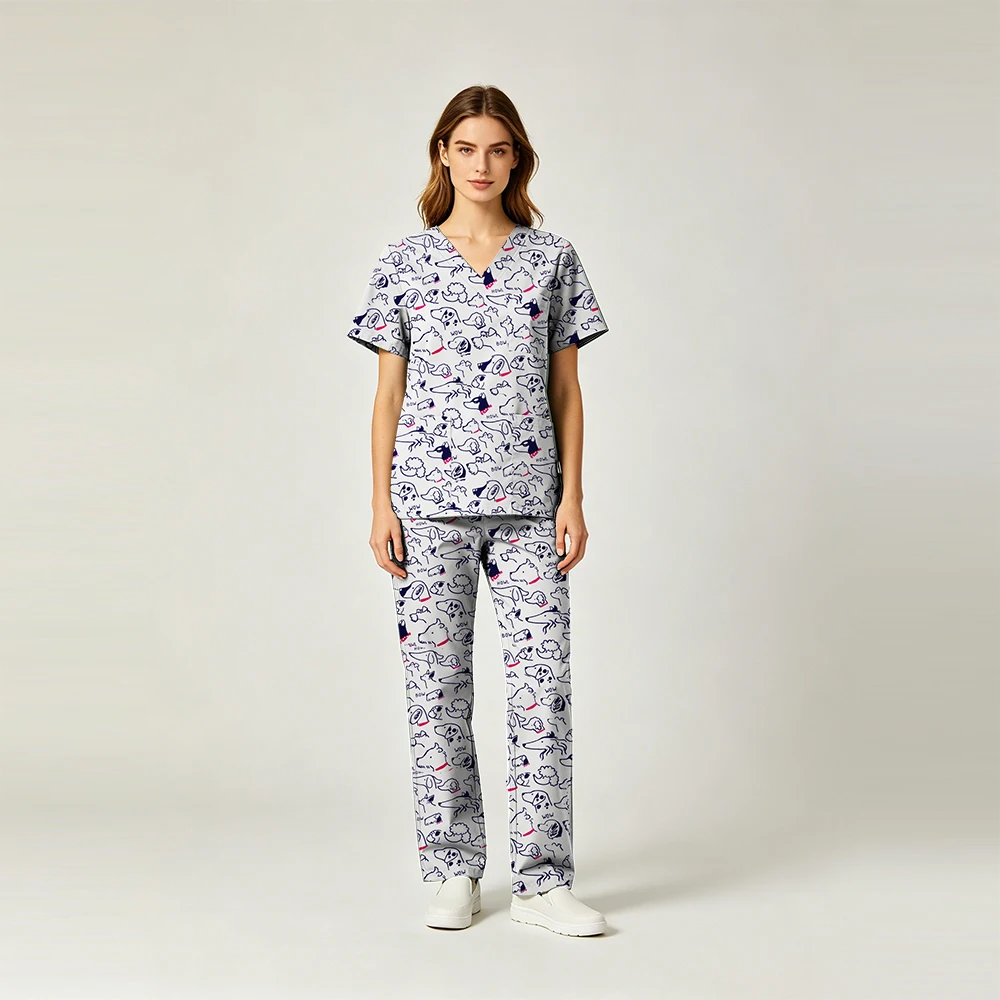 Dogs print pure cotton scrub set on model – view 3