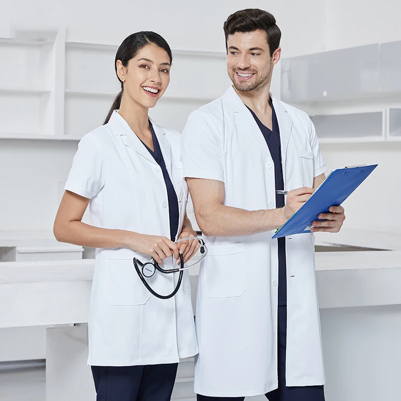 Front view of Silky Anti‑static Midriff Lab Coat with Tab‑Waist (unisex) – view 2