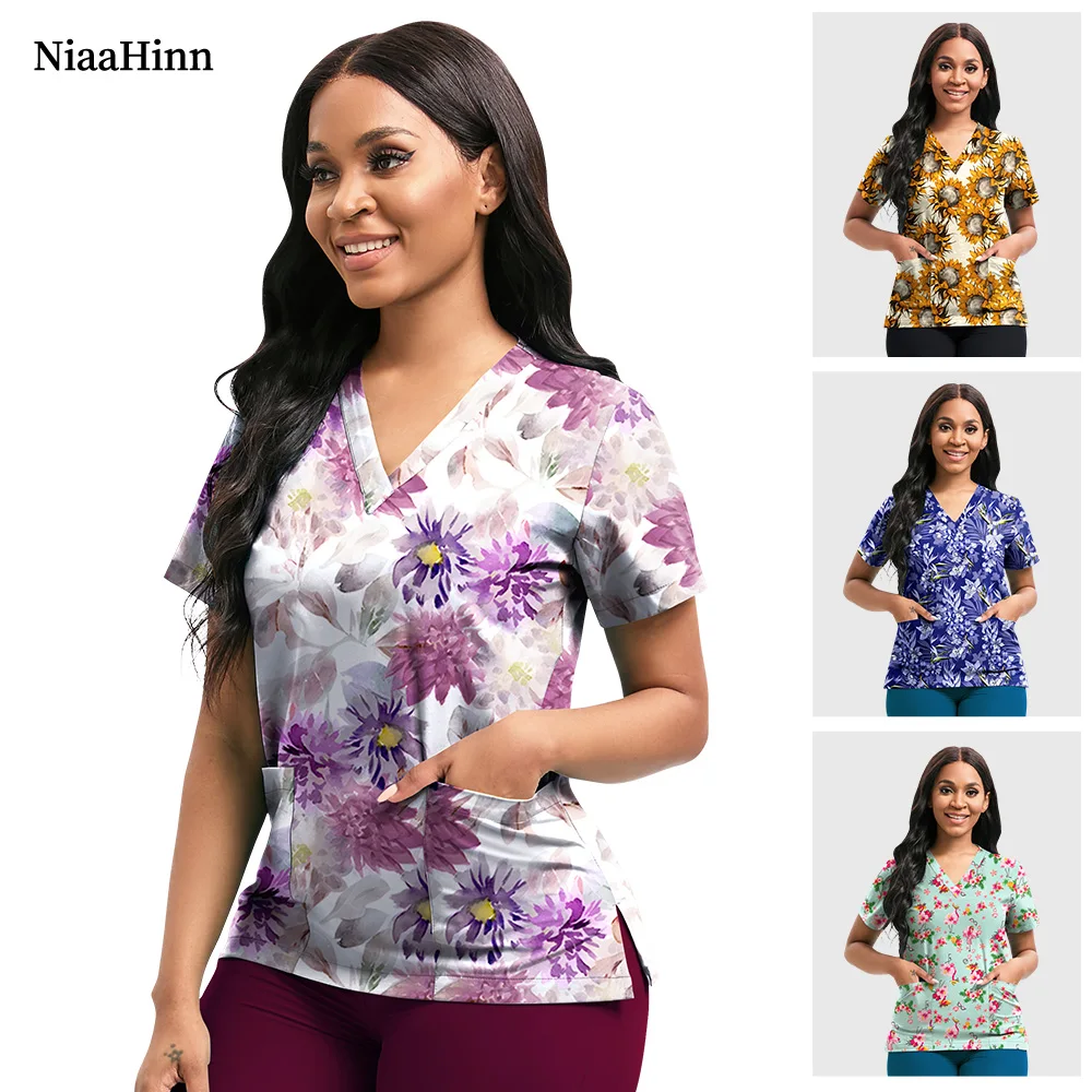 Hospital Nurse Uniforms Women Medical Uniform Print Scrub Top Cotton Dental Clinic Work Clothes Mens Scrubs Short Sleeved Jacket
