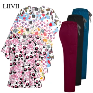 Front view of {color} print scrub set — V‑neck top with pockets and straight‑leg pants