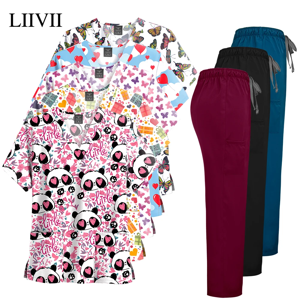 Front view of {color} print scrub set — V‑neck top with pockets and straight‑leg pants