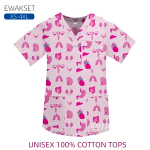 Medical Print V Neck T-shirt Short Sleeve Scrubs Top with Pocket Women Casual Comfortable Workwear Men Veterinary Uniform Unisex