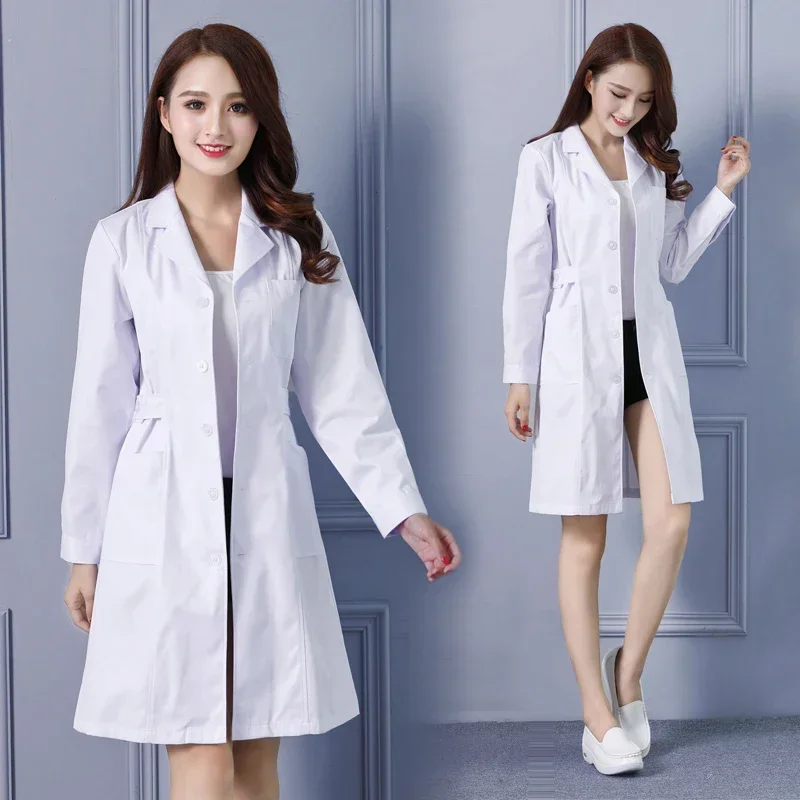 Women's white short-sleeve lab coat with adjustable waist belt, size {size}, front view