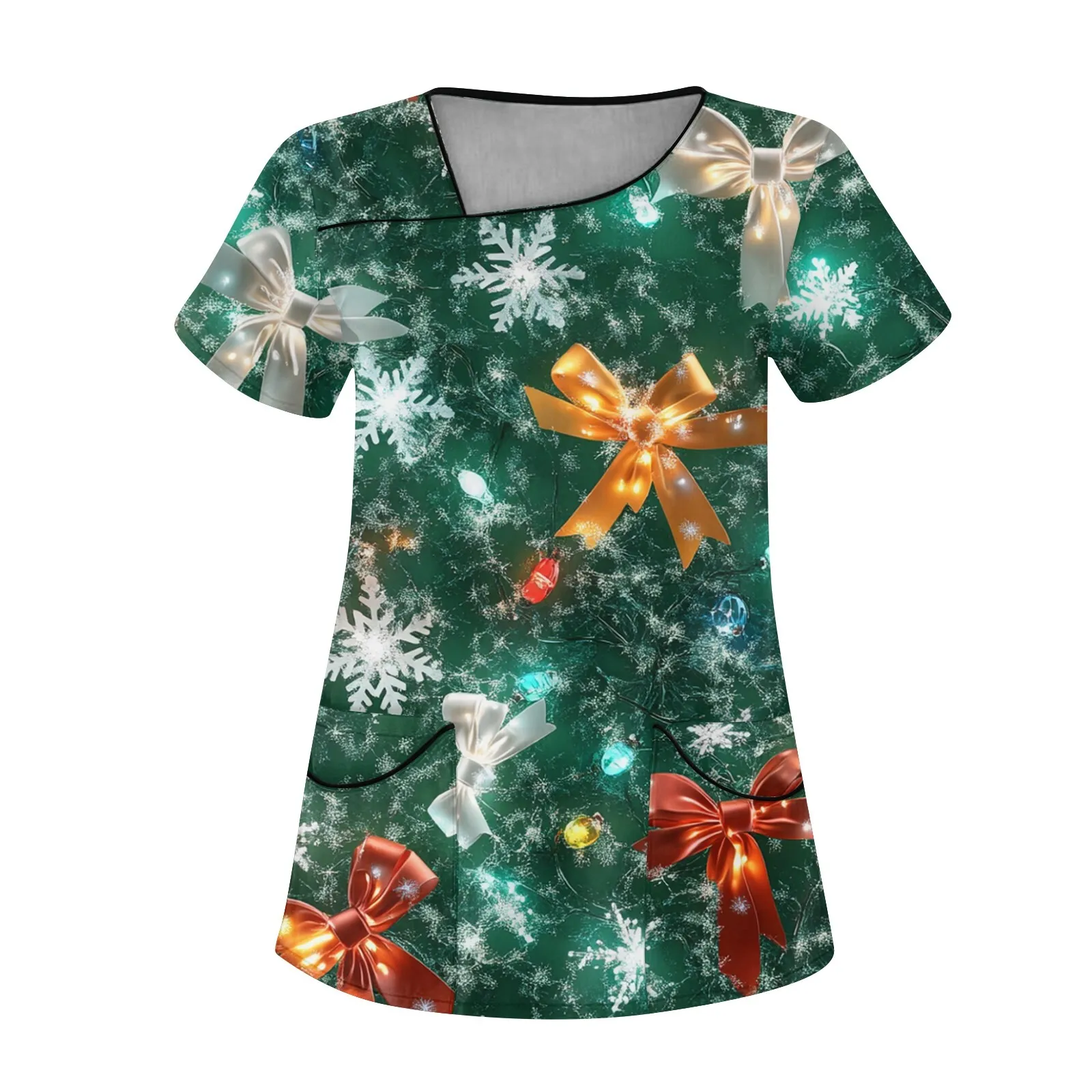 Women's elk-print short-sleeve T-shirt and pocket overalls scrub set - {color} - size {size} – view 3
