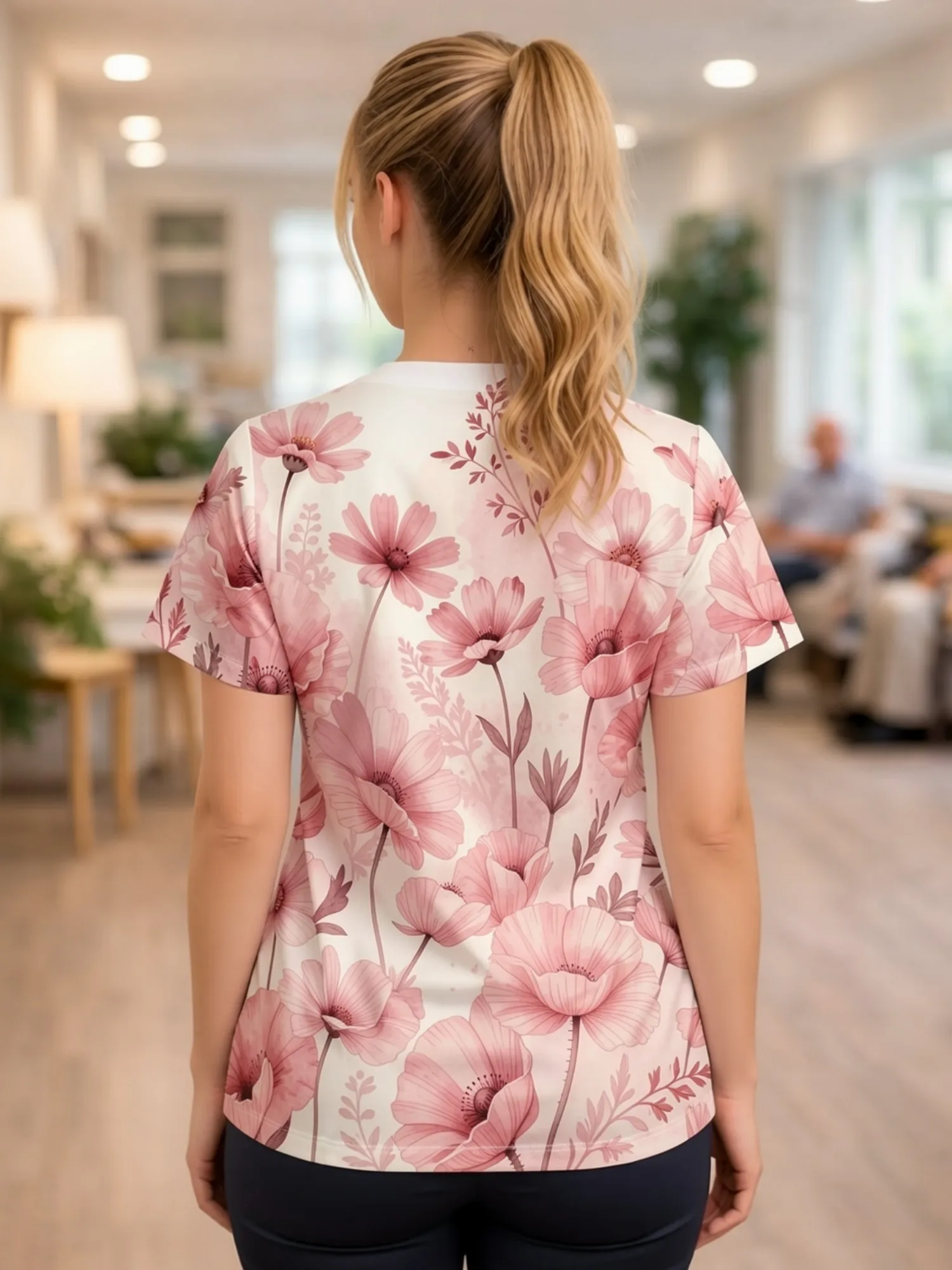 Women's V-neck bloom print scrub top, short sleeve, relaxed fit with nurse pockets – view 2