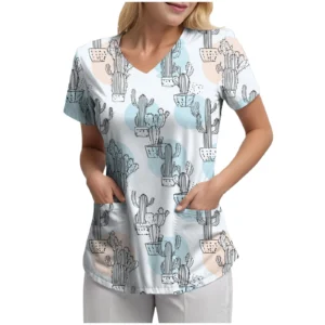 Women's Nurse Scrub Top Cartoon Printed Medical Clothing Uniform Scrubs Top Uniformes Clinicos Workwear Beautician Nursing Suits