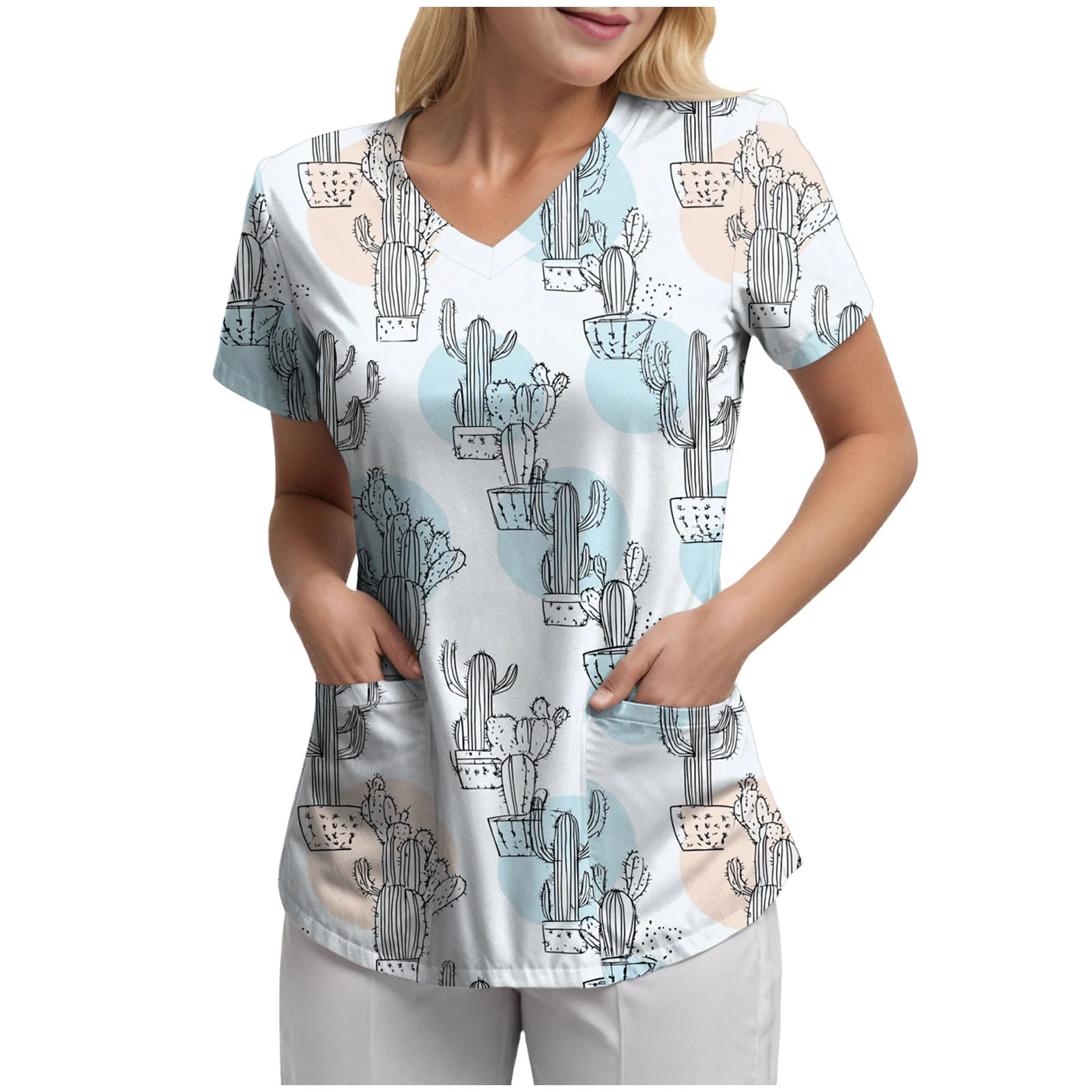 Women's Nurse Scrub Top Cartoon Printed Medical Clothing Uniform Scrubs Top Uniformes Clinicos Workwear Beautician Nursing Suits