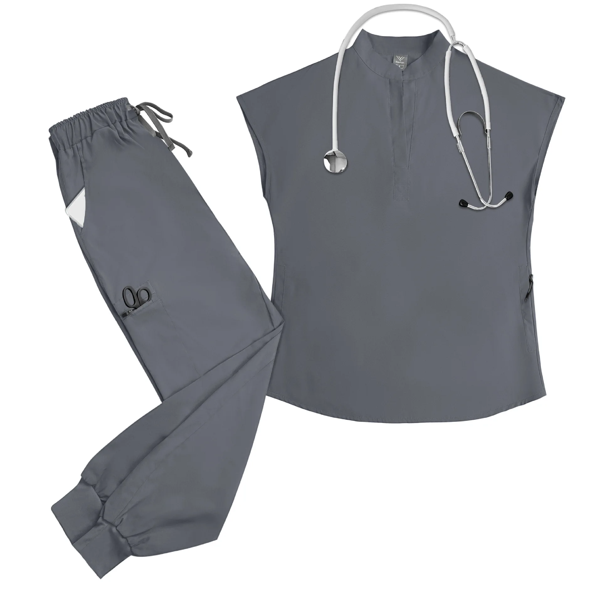 Stand‑collar sleeveless scrub top with half‑zip neckline and multi‑pocket utility design – view 2