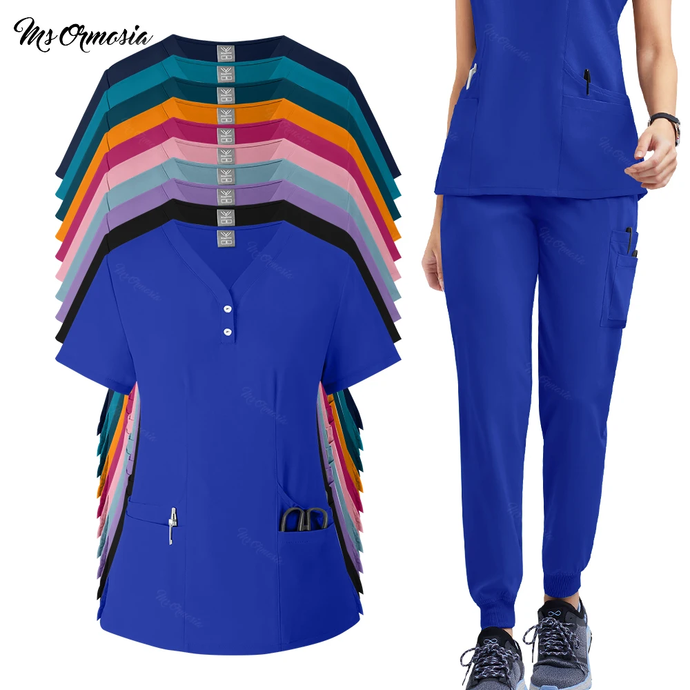 Stretch scrub set — scrub top and pocketed pants, {color} view – view 3