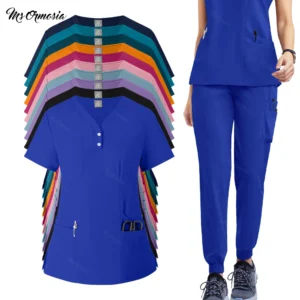 Stretch scrub set — scrub top and pocketed pants, {color} view