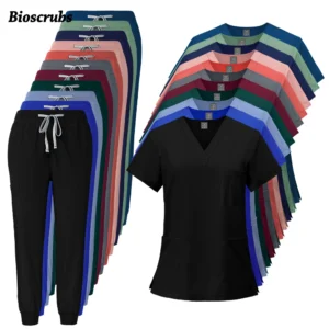 Photo of {color} unisex scrub set — scrub top and scrub pants, women's and men's clinical uniform