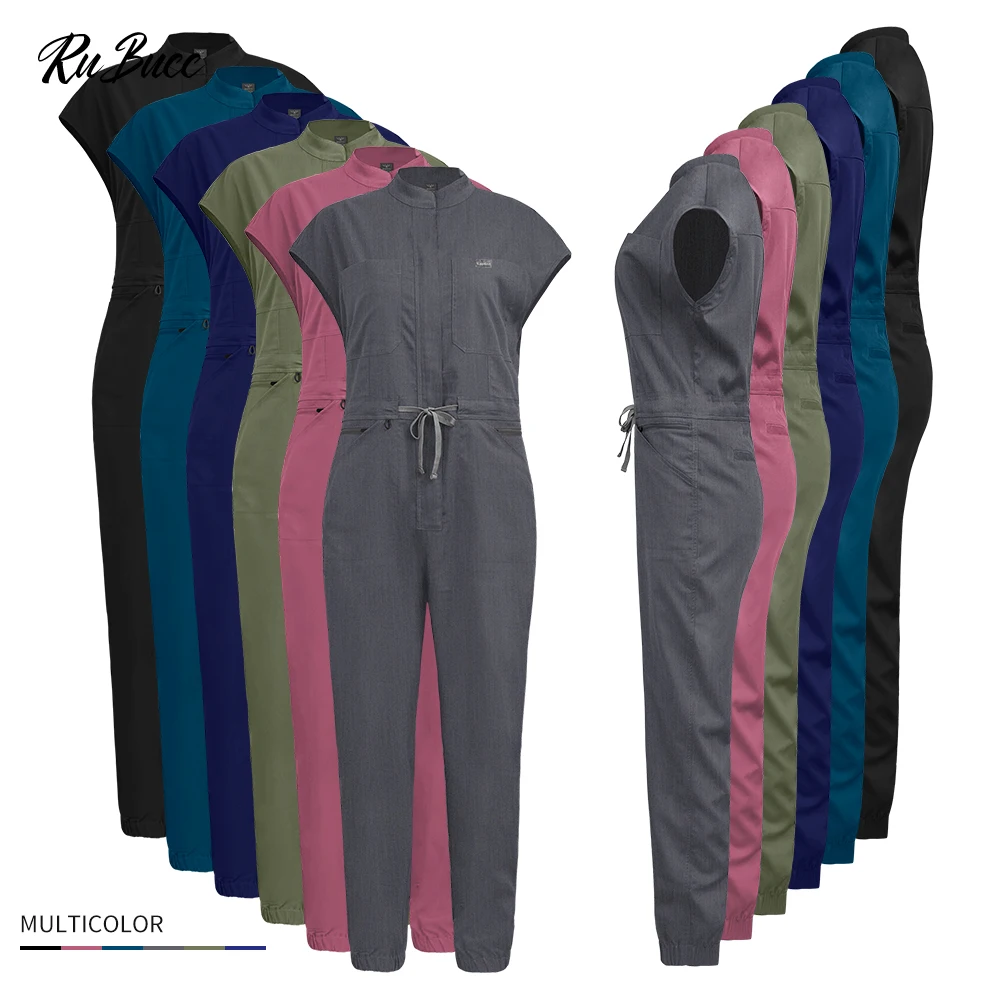 Mandarin‑collar medical scrub jumpsuit — front view
