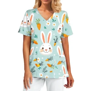Women's V‑neck short sleeve scrub top with Easter Bunny cartoon print — front view