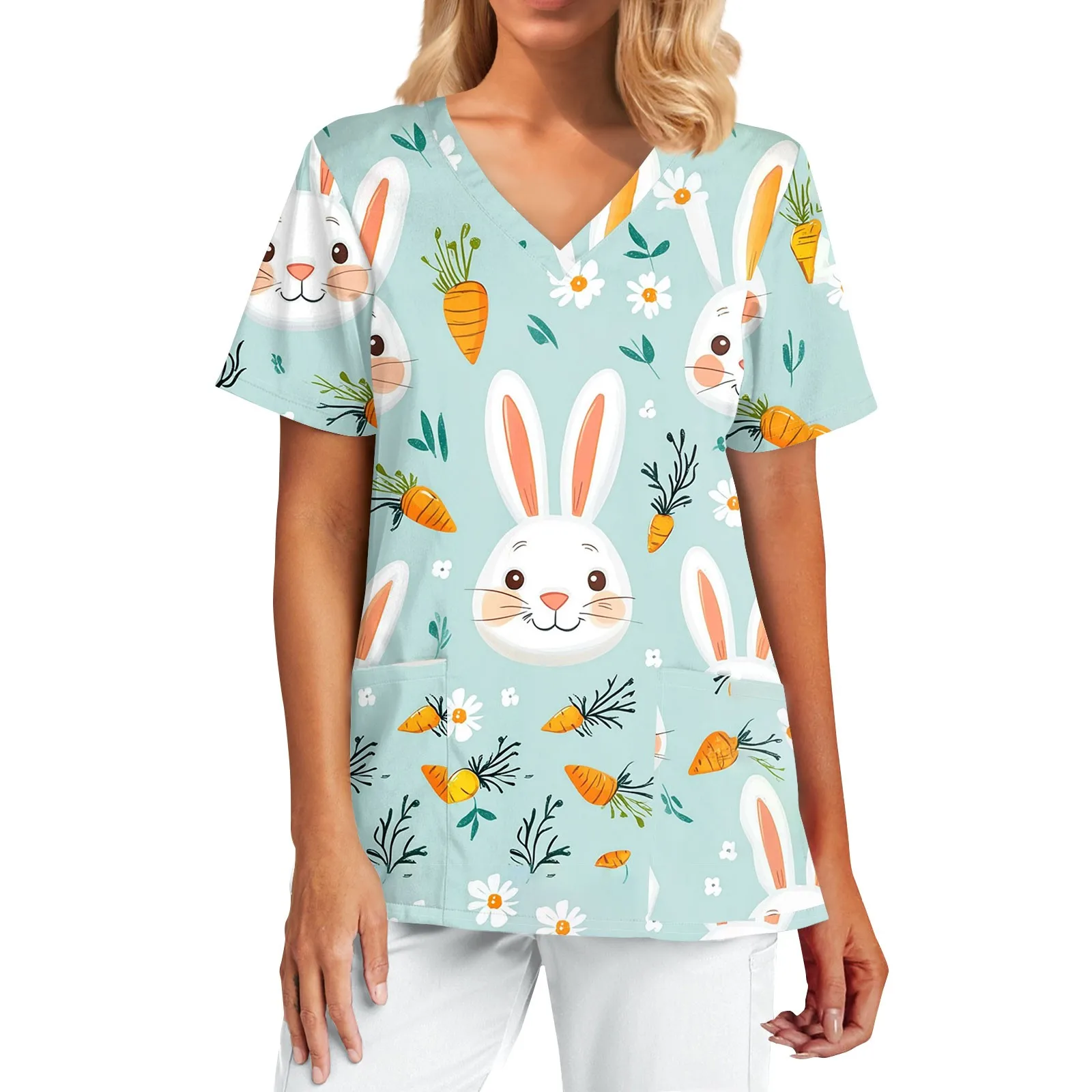 Women's V‑neck short sleeve scrub top with Easter Bunny cartoon print — front view