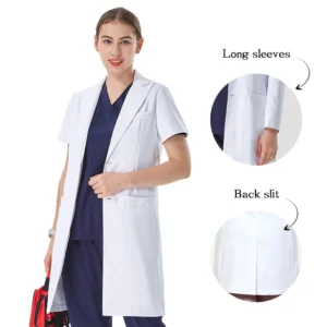 White women's slim-fit lab coat with lapel collar — front view (style 702)