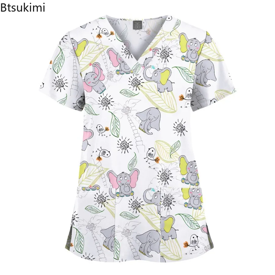 Cartoon print scrub T‑shirt top — front view; unisex scrub top for nurses and doctors – view 2
