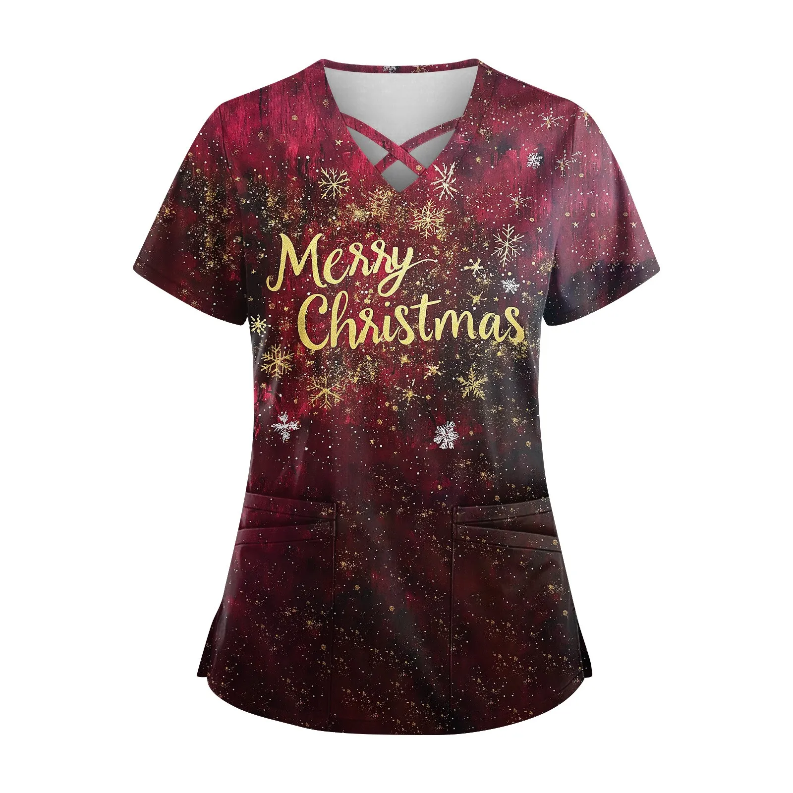 Women's Christmas-print scrub top — size {size} – view 4