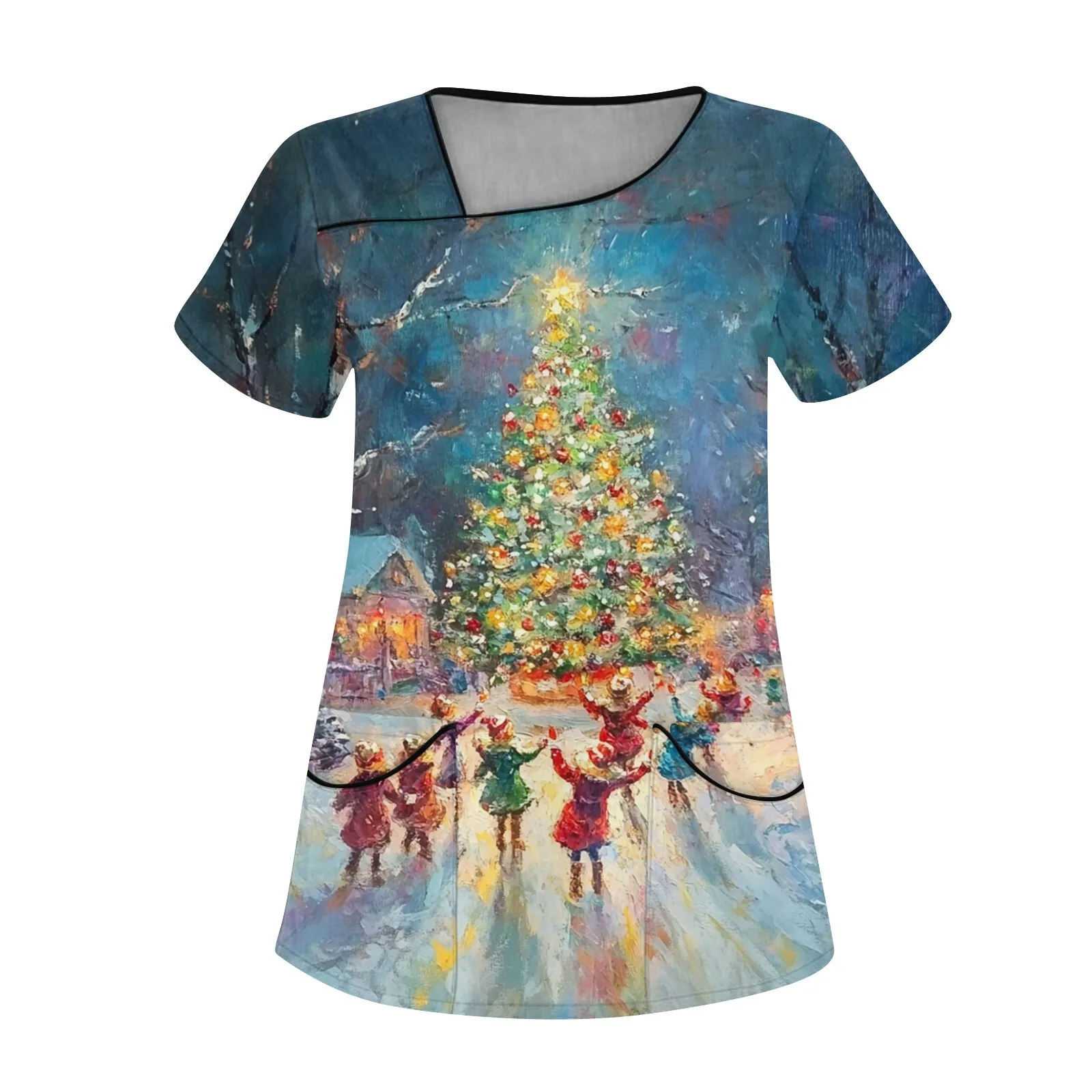Women's Merry Christmas short-sleeve scrub top in {color} — front view, holiday print for nurses