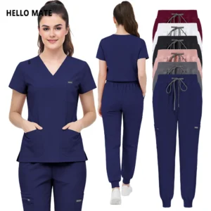 Unisex V‑neck scrub set in {color} — model wearing size {size}